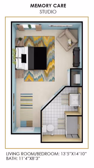 Floor plan of a memory care studio apartment at Ashton Commons, showing a combined living room and bedroom area with a bed, armchair, side tables, and rugs, along with a separate bathroom that includes a toilet, sink, and shower.