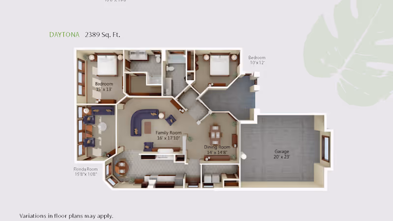 Floor plan of a residential unit named Daytona with 2389 square feet, showing two bedrooms, a family room, dining room, Florida room, bathrooms, and a garage.