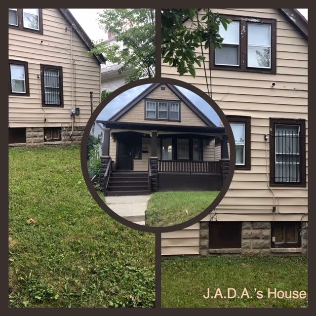 Exterior view of a beige two-story house with brown trim and a front porch. The house is surrounded by a grassy yard and trees. The image is divided into three sections with a circular inset showing the front entrance and porch in detail. The text 'J.A.D.A.'s House' is visible at the bottom right corner.