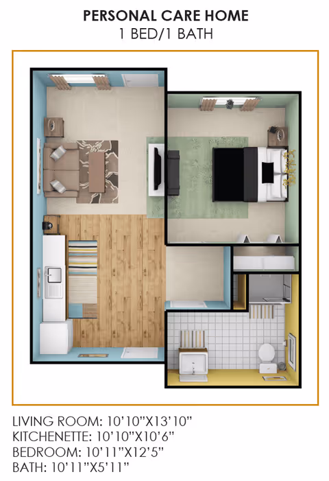 Floor plan of a personal care home with one bedroom and one bathroom. The layout includes a living room with a sofa, coffee table, and TV, a kitchenette with a sink and appliances, a bedroom with a bed and nightstands, and a bathroom with a sink, toilet, and shower. Dimensions for each room are provided below the floor plan.
