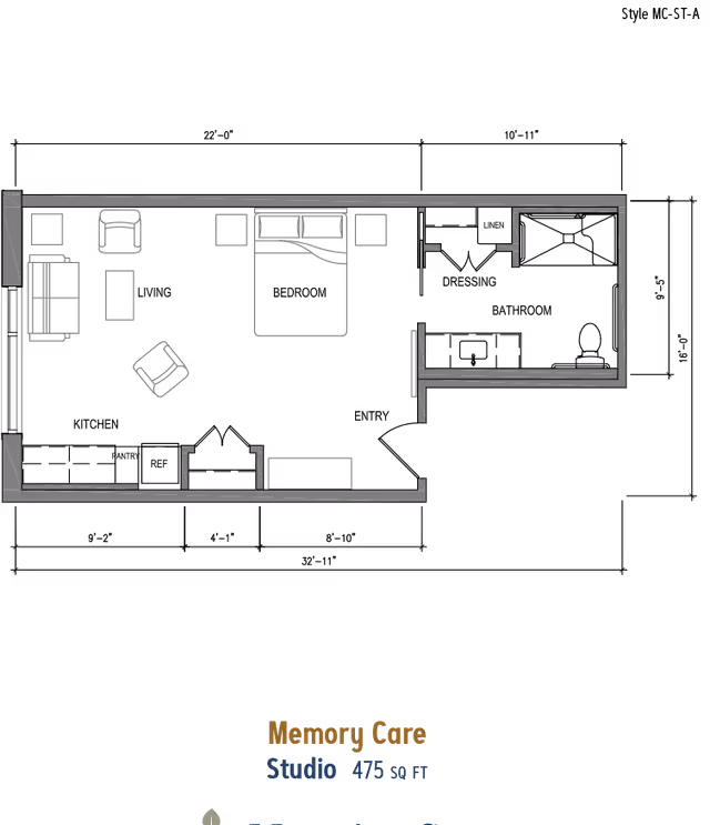 Floor plan layout of a Memory Care studio apartment at MorningStar Senior Living at River Oaks, showing a combined living and sleeping area with a bed, sofa, chairs, tables, and a separate bathroom.