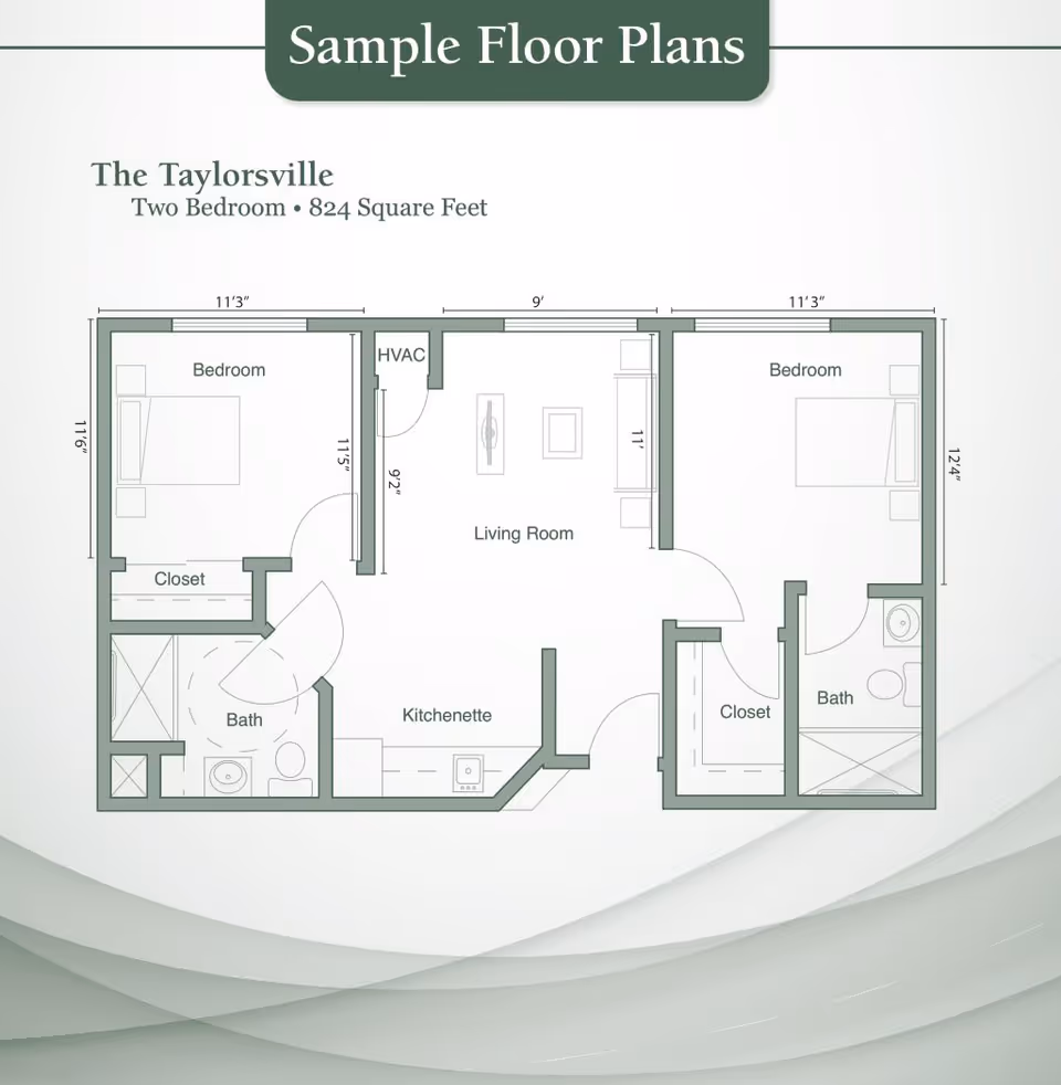 Floor plan titled 'The Taylorsville' showing a two-bedroom layout with 824 square feet. The plan includes two bedrooms each with a closet, two bathrooms, a living room, and a kitchenette. Dimensions for each room and some furniture placements are indicated.