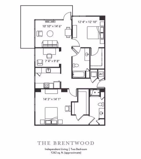 Floor plan of The Brentwood, an independent living two-bedroom apartment with approximately 1262 square feet. The layout includes two bedrooms, two bathrooms, a kitchen, a living area, and additional seating spaces.