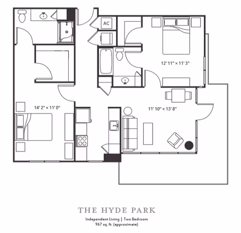 Floor plan of The Hyde Park, an independent living two-bedroom apartment with approximately 967 square feet. The layout includes two bedrooms, two bathrooms, a kitchen, a living room, and a dining area. The plan shows furniture placement and room dimensions.