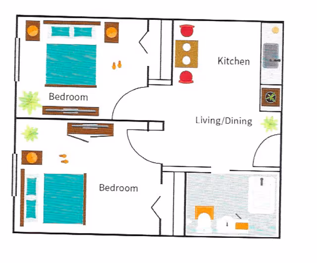 Floor plan of an assisted living unit showing two bedrooms, a kitchen, a combined living and dining area, and a bathroom. Each bedroom contains a bed, nightstands, and some plants. The kitchen has a counter with two red stools and appliances. The living/dining area is adjacent to the kitchen. The bathroom includes a sink, toilet, and bathtub.