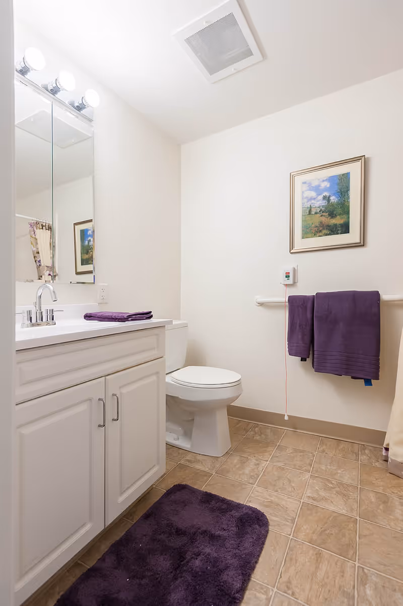A clean bathroom with a white vanity and sink on the left, a toilet in the center against the wall, and a purple bath mat on the tiled floor. Purple towels hang on a white grab bar on the right wall, below a framed landscape painting. The bathroom has beige tiled flooring and white walls, with bright overhead lighting.
