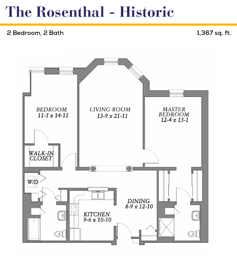 Floor plan titled The Rosenthal - Historic showing layout of an apartment with two bedrooms, a living room, dining area, kitchen, two bathrooms, a walk-in closet, and a washer/dryer area. Dimensions are provided for each room.