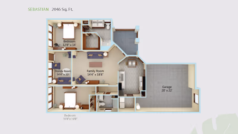 Floor plan labeled SEBASTIAN with 2046 square feet, showing two bedrooms, a Florida room, family room, kitchen, bathrooms, and a garage.