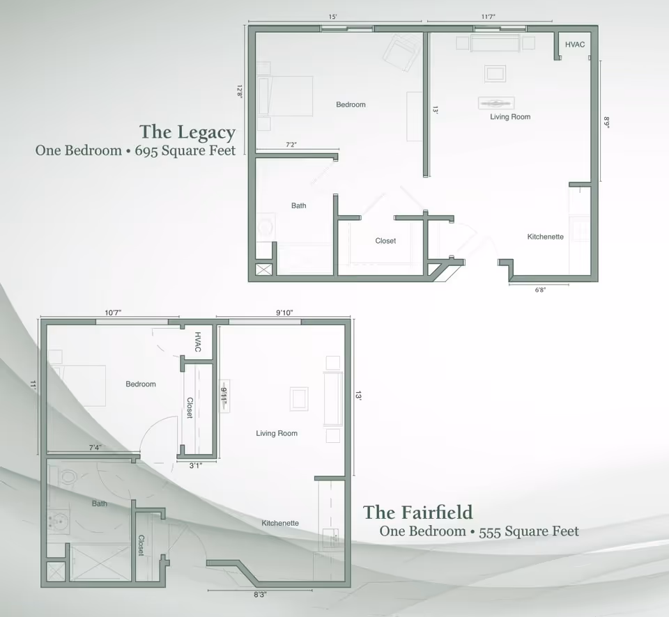 Architectural floor plans for two one-bedroom units named The Legacy and The Fairfield. Each plan shows a bedroom, living room, bath, closet, and kitchenette with dimensions and layout details.