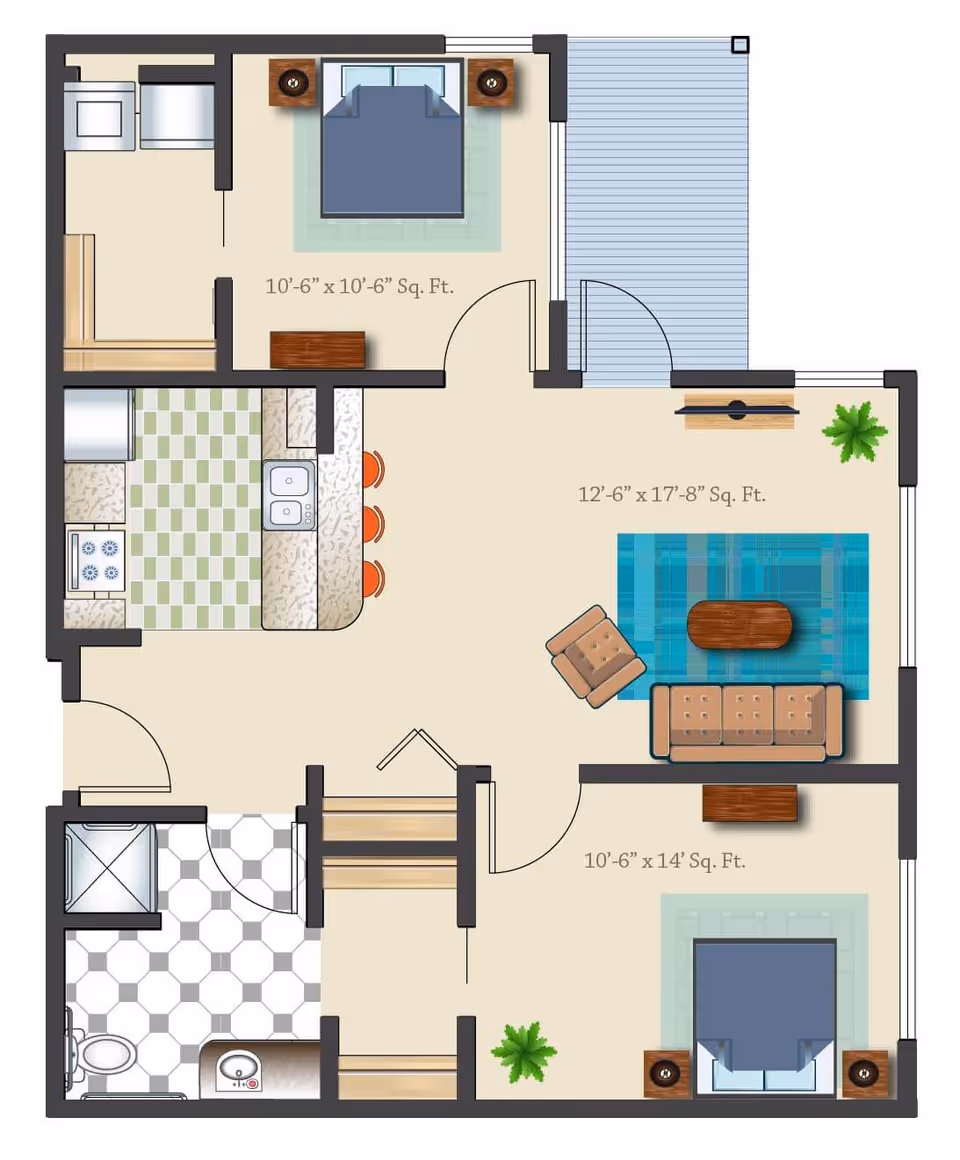 Floor plan of an apartment unit showing two bedrooms, a kitchen, a living room, and a bathroom. The layout includes furniture such as beds, sofas, tables, and kitchen appliances. Dimensions for some rooms are also indicated.