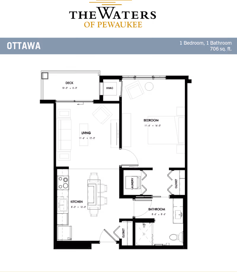 Floor plan layout of a one-bedroom, one-bathroom apartment named Ottawa at The Waters of Pewaukee, showing labeled areas including living room, kitchen, bedroom, bathroom, laundry, closets, deck, and HVAC with dimensions.