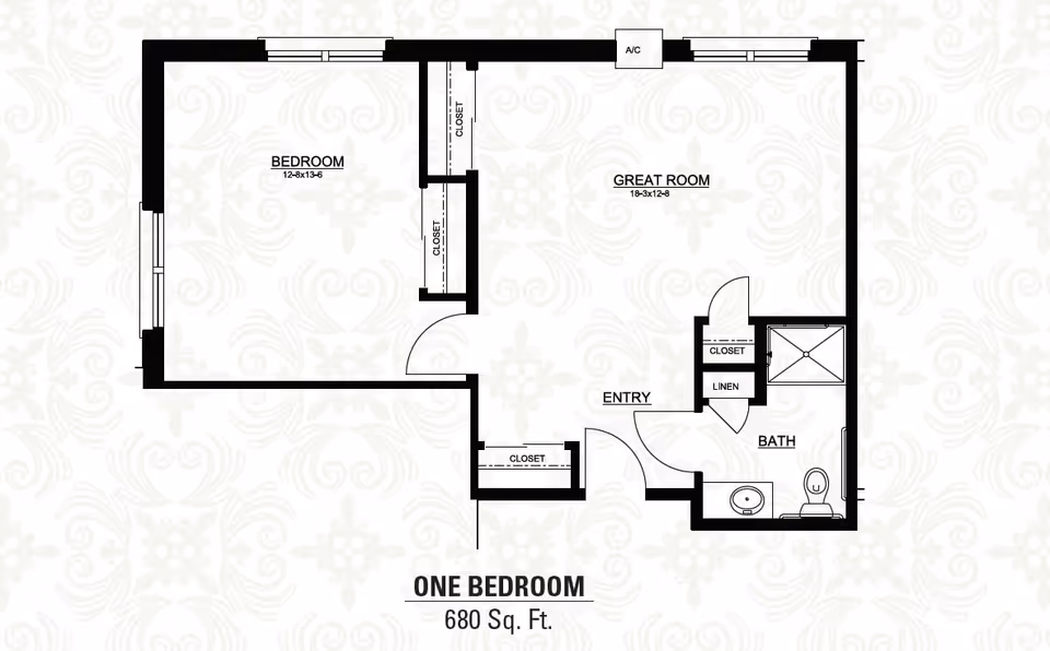 Floor plan of a one-bedroom apartment at Heritage Assisted Living & Memory Care, showing a bedroom, great room, entry, bathroom, closets, and linen storage, totaling 680 square feet.