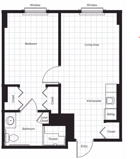 Floor plan of a senior living unit at Belmont Village Senior Living Hollywood Hills showing a bedroom, living area with kitchenette, bathroom with shower and toilet, closets, linen closet, and entry door. Two windows are shown in the bedroom and living area.