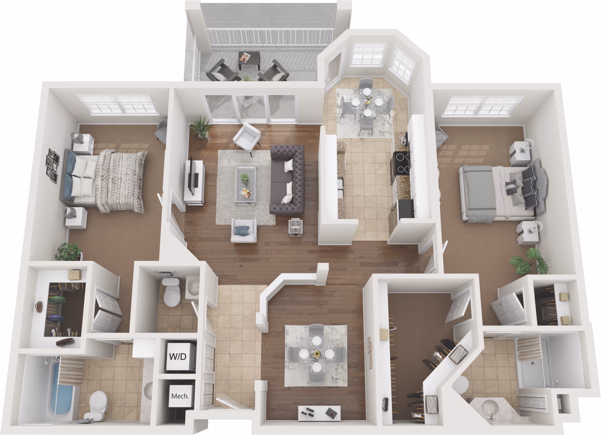 3D floor plan of a two-bedroom apartment featuring a living room with sofa and chairs, a kitchen with dining area, two bedrooms each with a bed and nightstands, two bathrooms, closets, a washer/dryer area, and a balcony with outdoor seating.