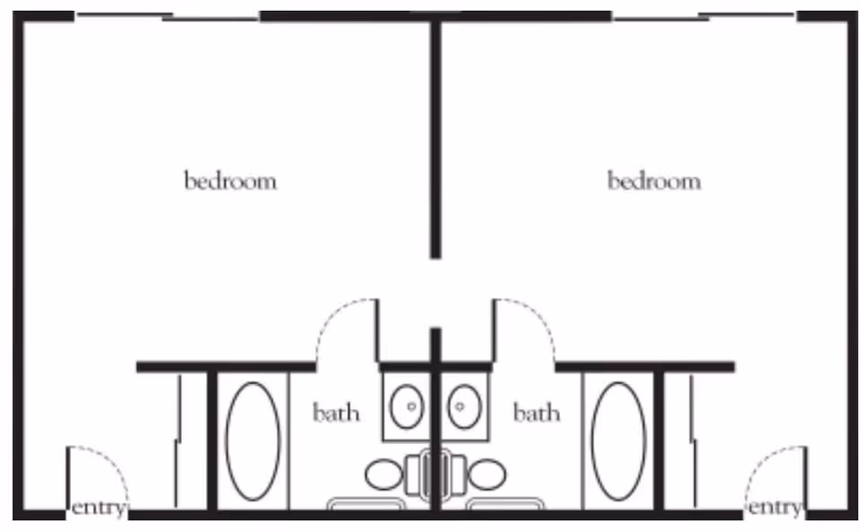 Floor plan showing two adjacent bedrooms, each with its own bathroom and entry. The bathrooms are positioned side by side in the center, each containing a bathtub, toilet, and sink.