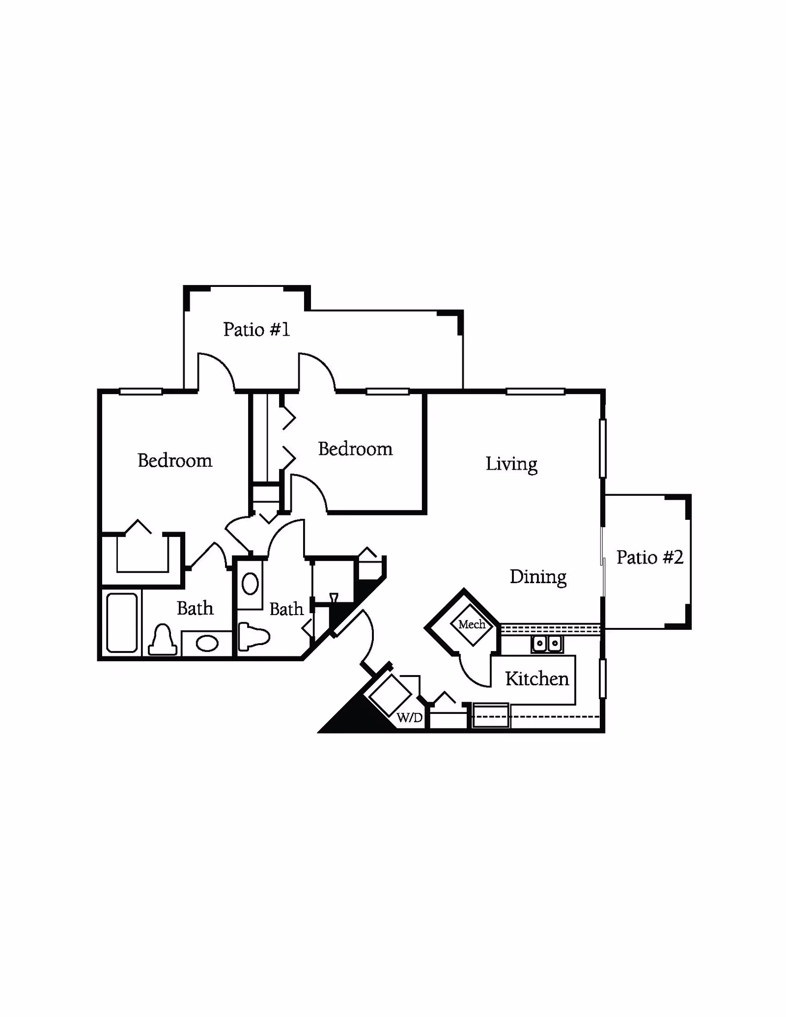 Floor plan of a residential unit showing two bedrooms, two bathrooms, a living room, dining area, kitchen, two patios, and a washer/dryer area.