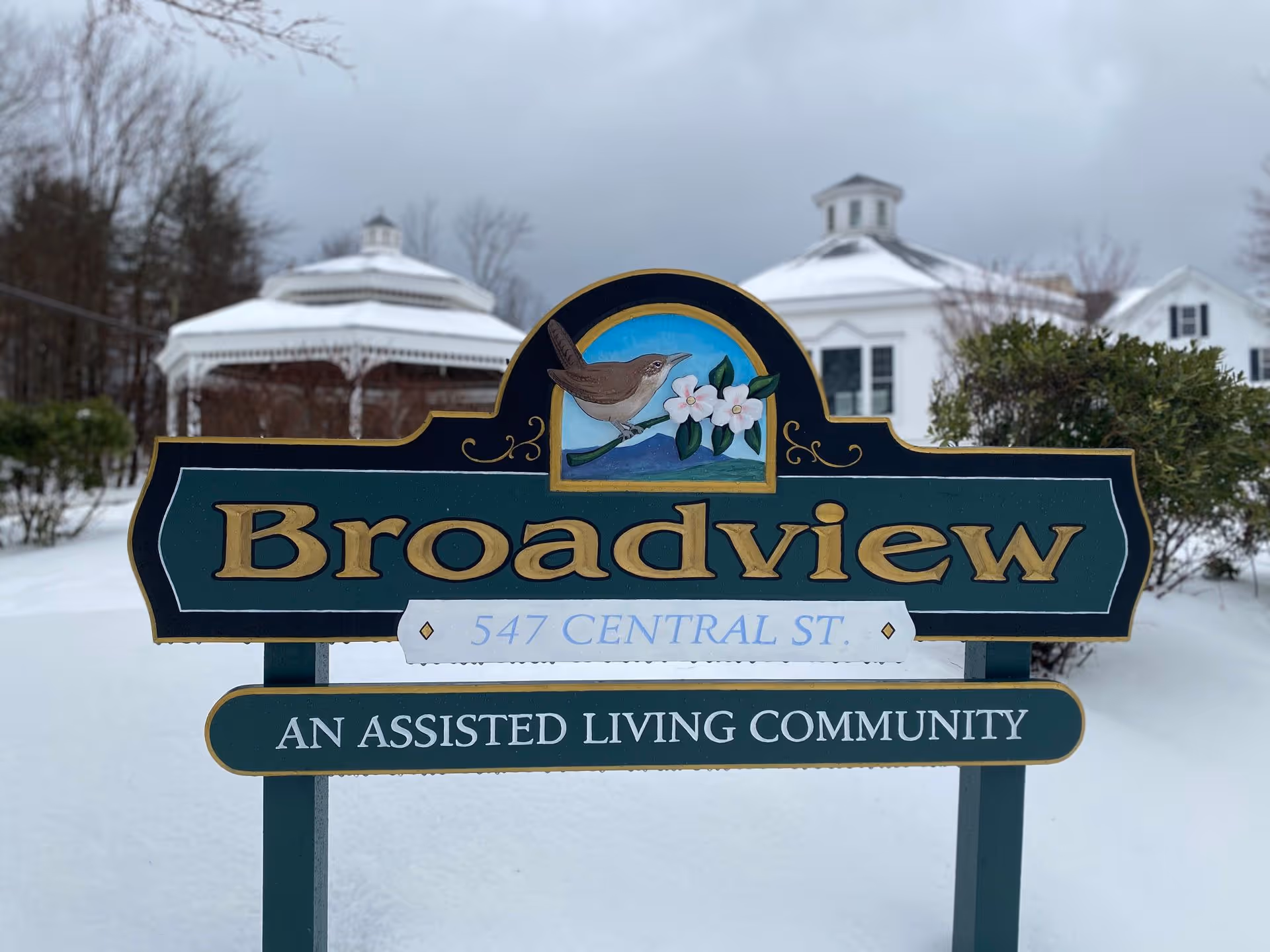 A sign for Broadview Assisted Living Community with the address 547 Central St. The sign features a painted bird on a branch with flowers. In the background, there is snow covering the ground and two white gazebo-like structures with a cloudy sky.