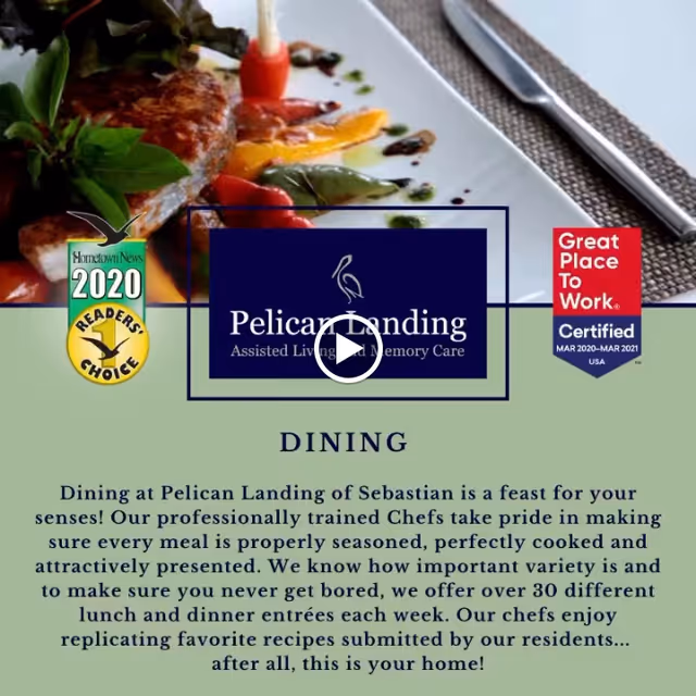 A close-up image of a plated gourmet meal with grilled meat and colorful vegetables, accompanied by text describing the dining experience at Pelican Landing Assisted Living & Memory Care, highlighting professionally trained chefs and a variety of meal options.