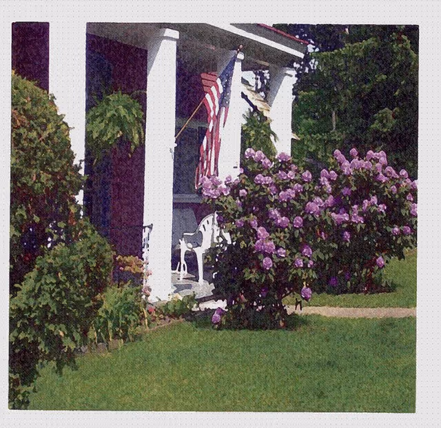 Front porch of a white building with two white columns, an American flag, a white chair, and a large bush with purple flowers in the foreground, surrounded by green grass and trees.
