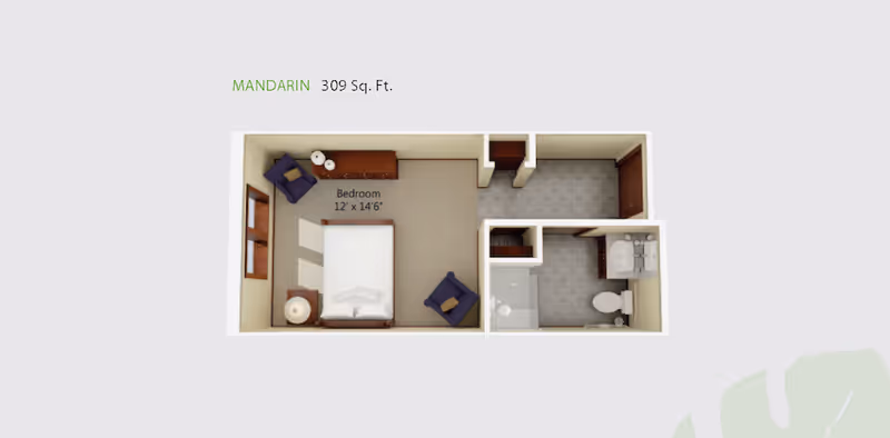 3D floor plan of a senior living unit named Mandarin with 309 square feet. The layout includes a bedroom measuring 12 feet by 14 feet 6 inches, furnished with a bed, two armchairs, a dresser, and a nightstand. Adjacent to the bedroom is a bathroom with a toilet, sink, and shower.
