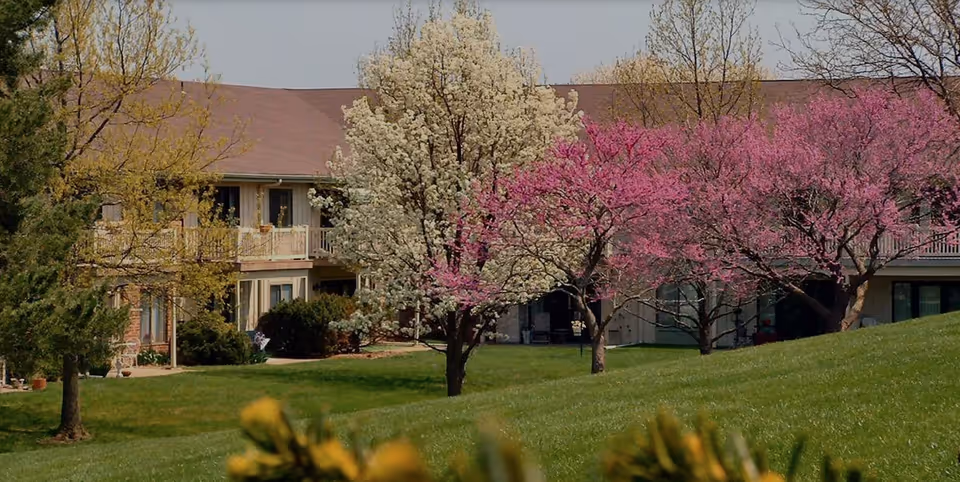 A two-story residential building with balconies surrounded by green grass and blooming trees with white and pink flowers under a clear sky.