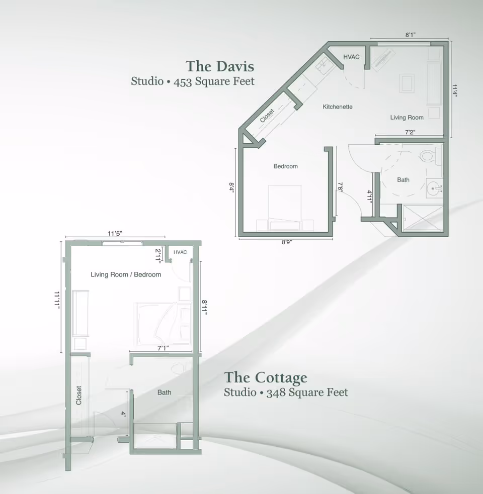 Architectural floor plans for two studio apartments named The Davis and The Cottage. The Davis is 453 square feet and includes a bedroom, kitchenette, living room, bath, closet, and HVAC area. The Cottage is 348 square feet and features a combined living room/bedroom, bath, closet, and HVAC area.