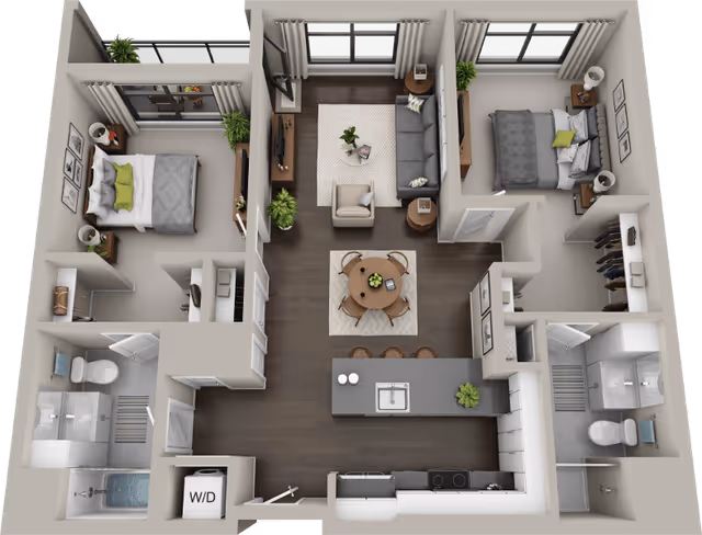 3D floor plan of a two-bedroom apartment featuring two bedrooms with beds and nightstands, two bathrooms with showers and toilets, a kitchen with an island and bar stools, a dining area with a round table and four chairs, and a living room with a sofa, armchair, coffee table, and TV. The apartment also includes closets and a washer/dryer unit.
