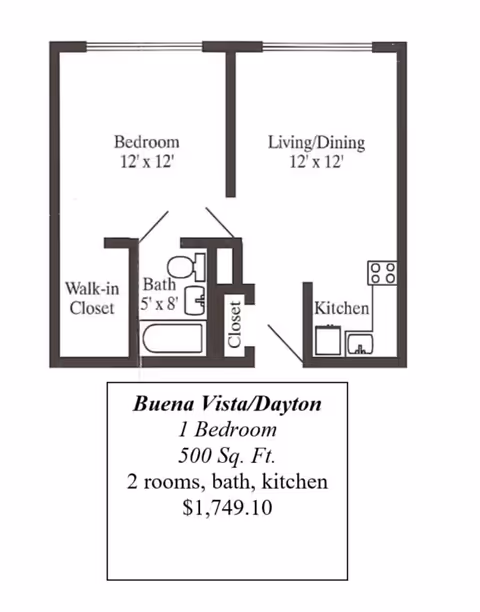 Floor plan layout of a one-bedroom apartment named Buena Vista/Dayton at Schmitt Woodland Hills Retirement Community, showing a 12x12 bedroom with a walk-in closet, a 12x12 living/dining area, a kitchen, a bathroom measuring 5x8, and a closet. The apartment is 500 square feet with 2 rooms, a bath, and a kitchen, priced at $1,749.10.