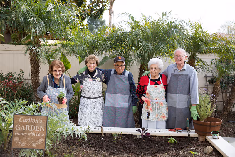Five elderly people standing together in a garden bed, wearing aprons and gardening gloves, smiling and posing for the photo. There are palm trees and other plants in the background, and a wooden sign in the foreground reads 'Carlton's GARDEN Grown with Love'.