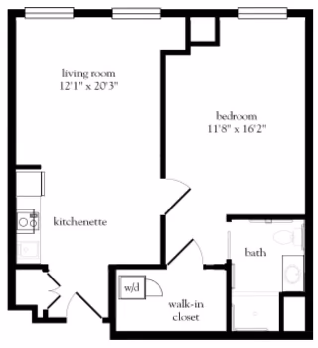 Floor plan of a one-bedroom apartment at Atria Marland Place showing a living room measuring 12 feet 1 inch by 20 feet 3 inches, a kitchenette, a bedroom measuring 11 feet 8 inches by 16 feet 2 inches, a bathroom, a walk-in closet with washer/dryer, and entry doors.