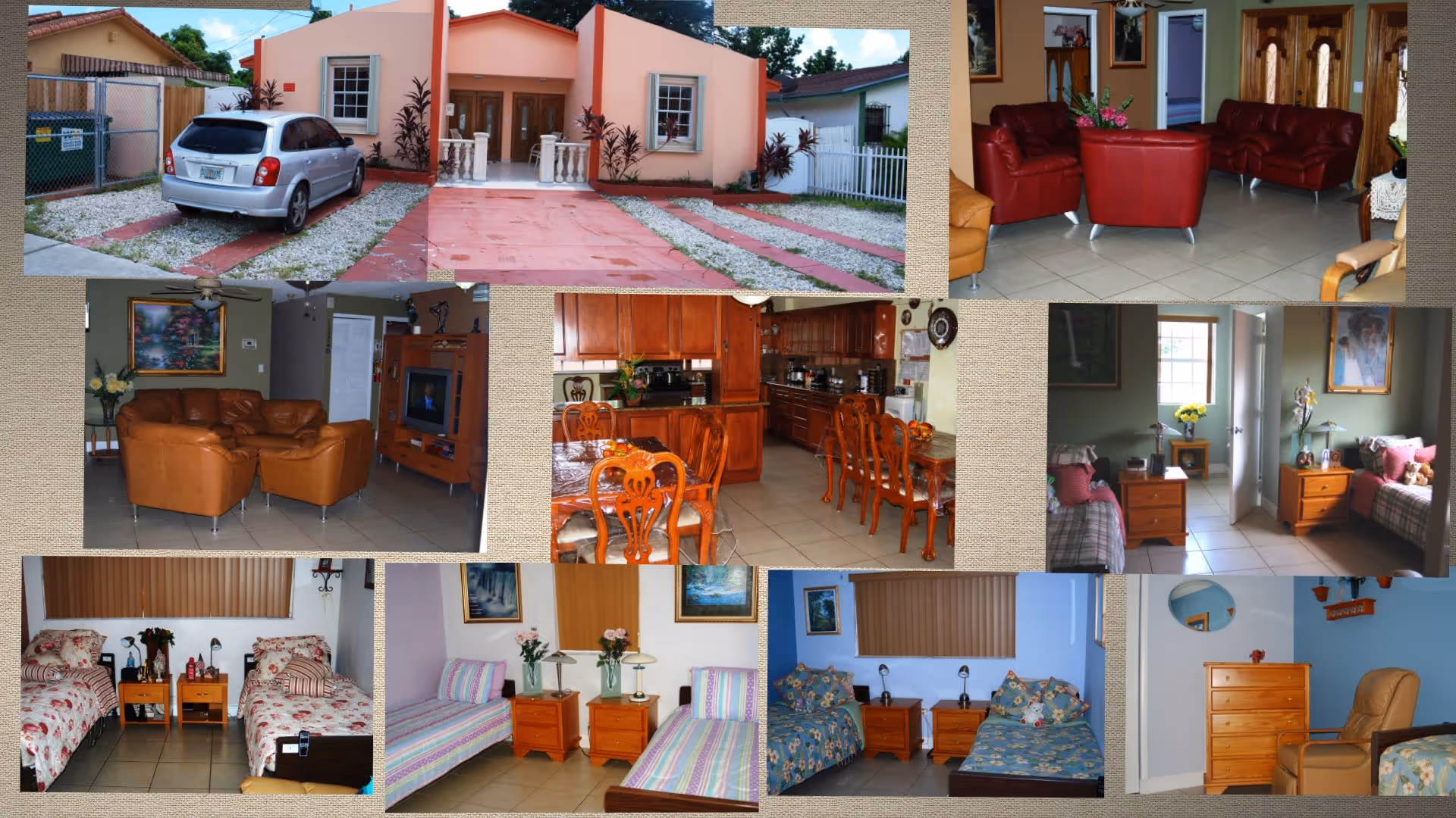 Collage of images showing various areas of Princess Gardens Alf facility including the exterior front view with a parked silver car, multiple living room seating areas with leather chairs and sofas, a kitchen and dining area with wooden furniture, and several bedrooms with twin beds and bedside tables decorated with flowers and lamps.